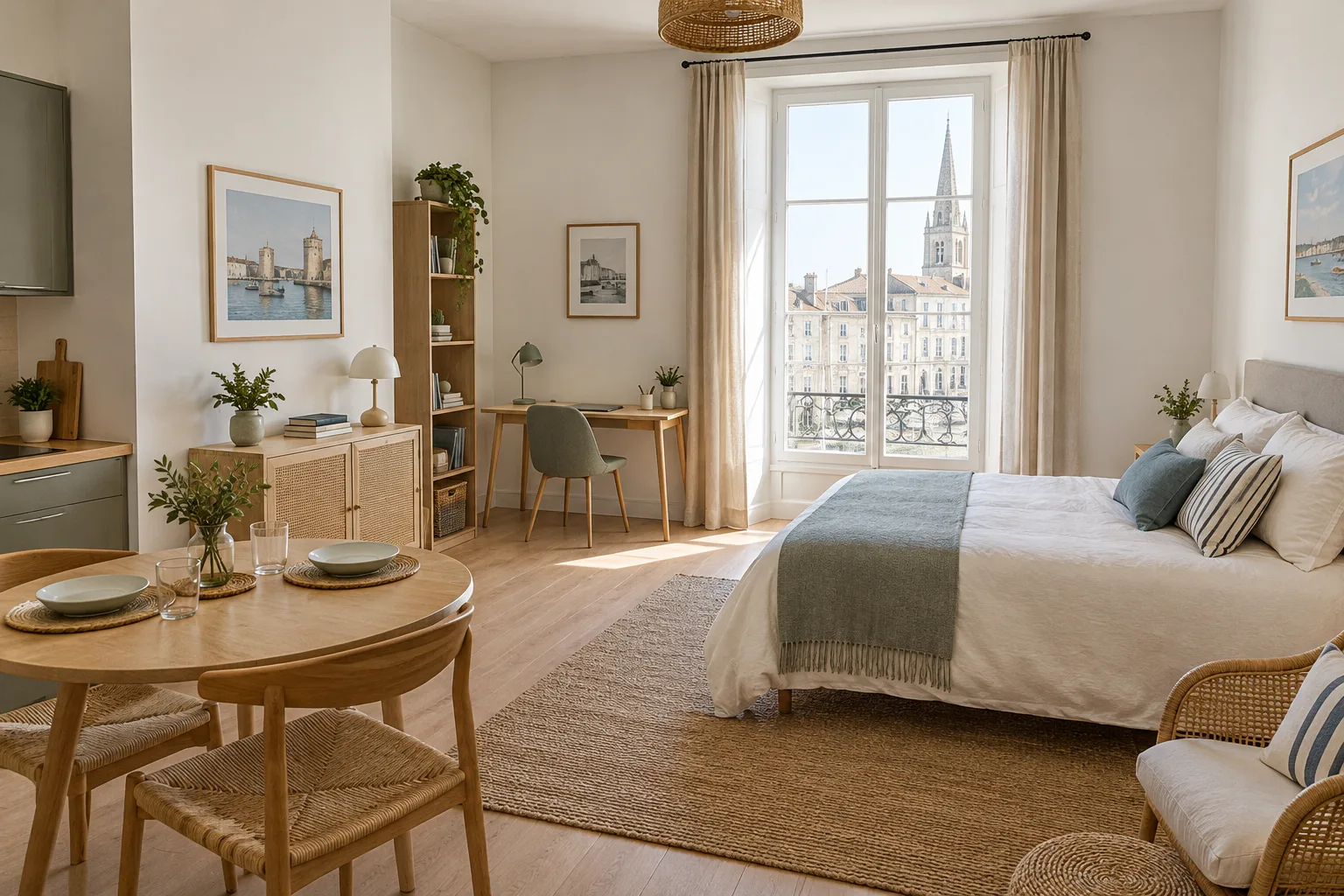 Studio meublé lumineux dans un immeuble rochelais, aménagé pour une location temporaire.
