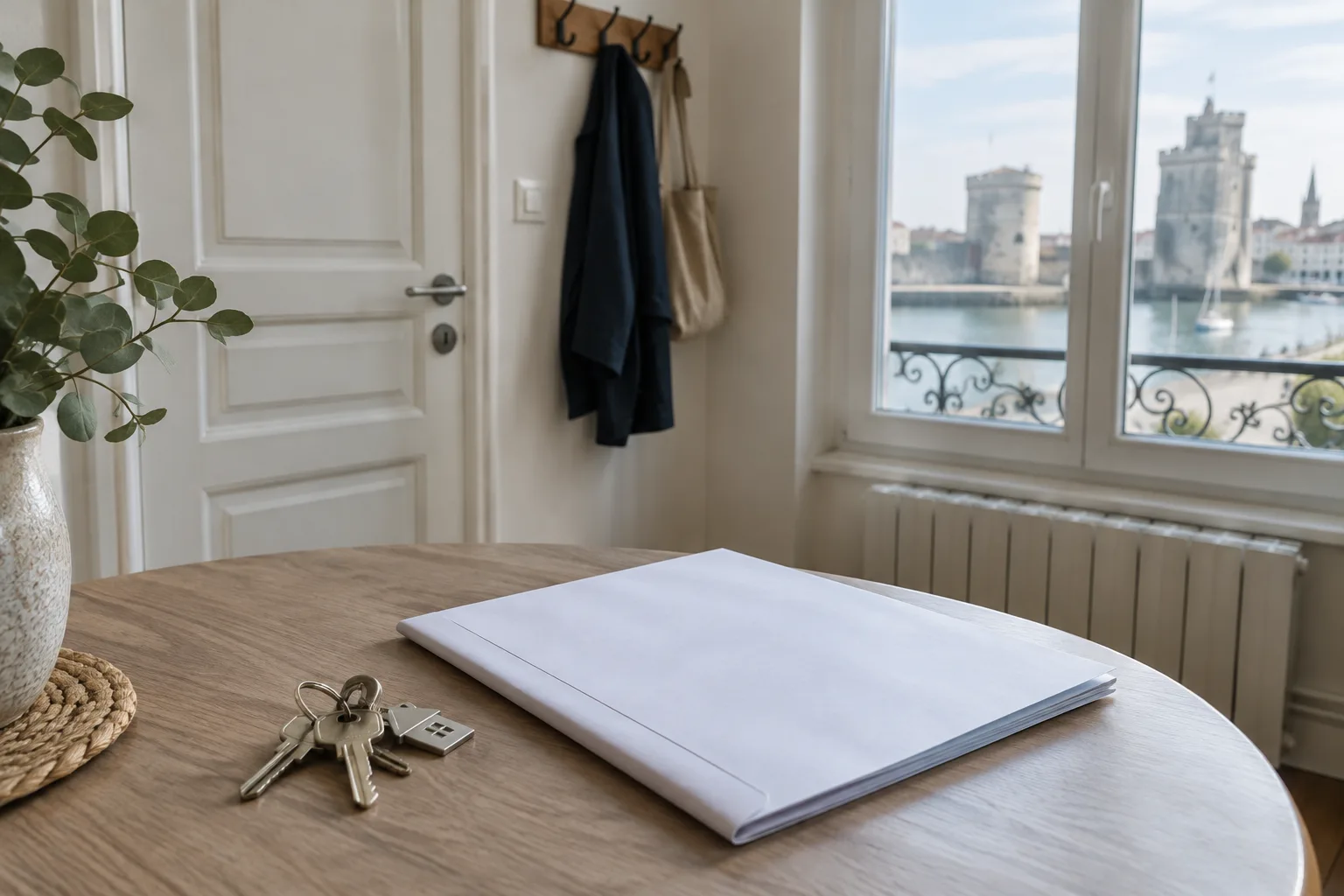 Clés et bail d’habitation posés dans l’entrée d’un logement à La Rochelle.