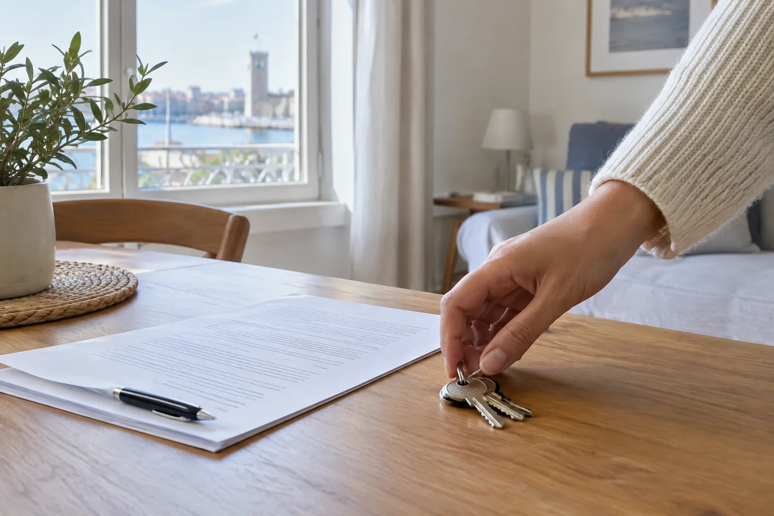 Clés et documents de location posés sur une table dans un appartement lumineux.