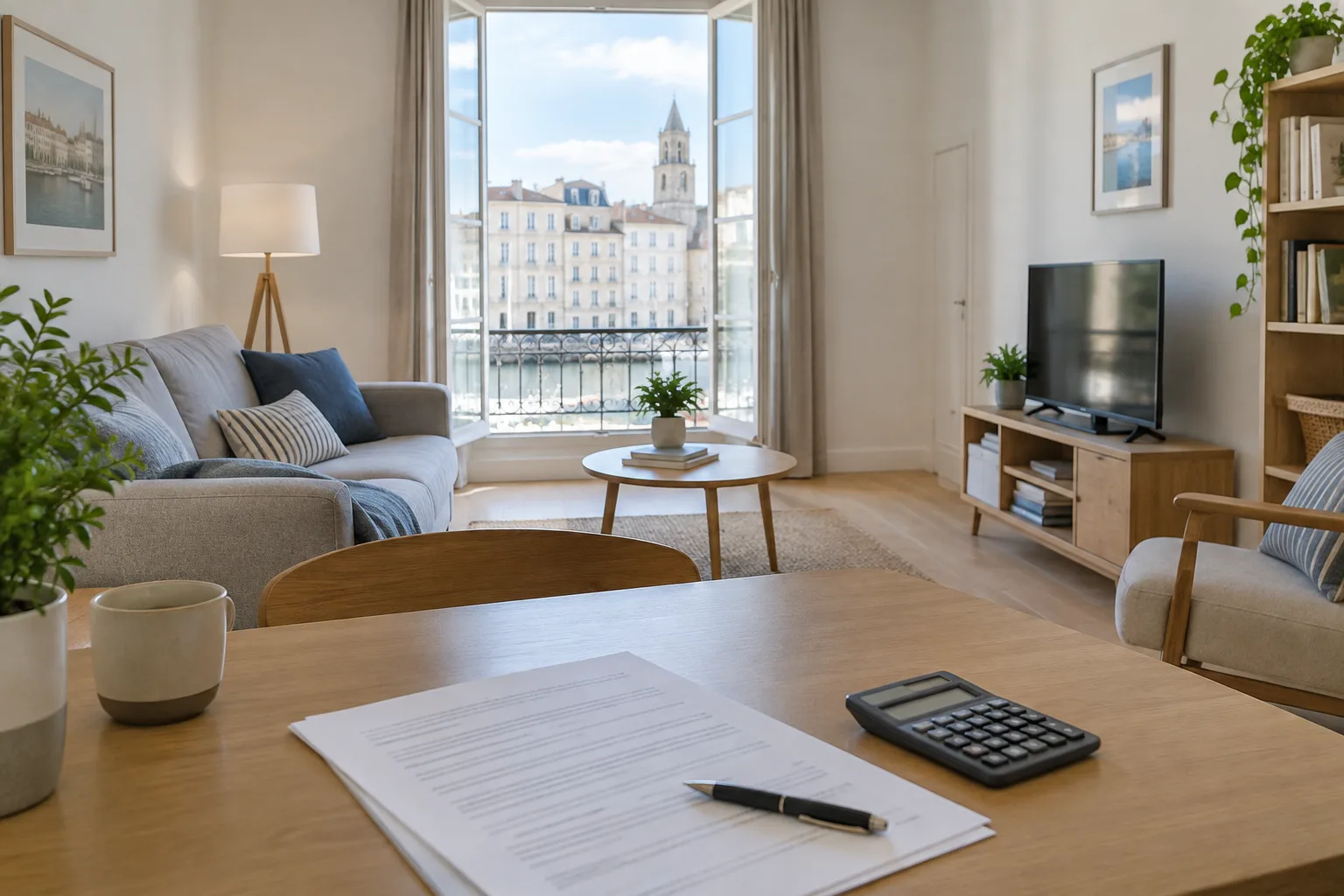 Bail d’habitation et calculatrice posés sur un bureau dans un appartement lumineux à La Rochelle.
